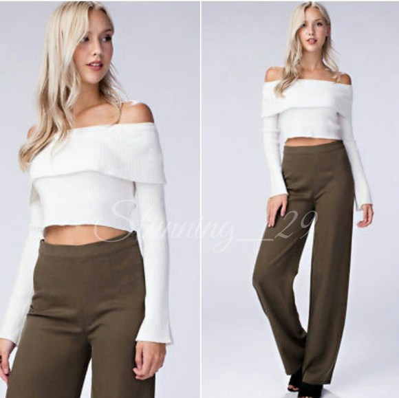 🆕️5☆ IVORY OFF SHOULDER  RIBBED RUFFLE KNIT TOP - Picture 1 of 3